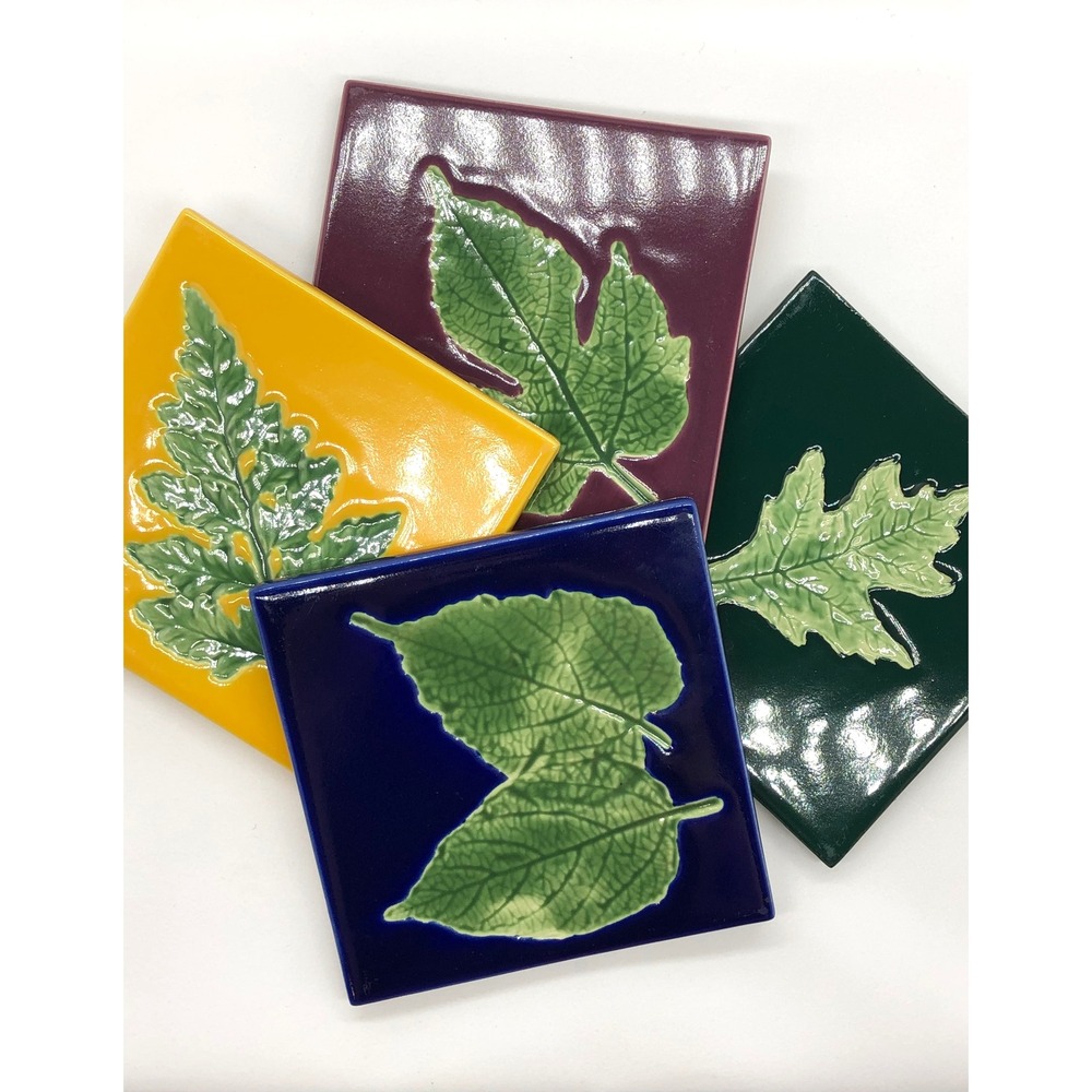 Linens n Things Ceramic‎ Leaf Coaster Set 4 Jewel Tone Embossed Botanical Square